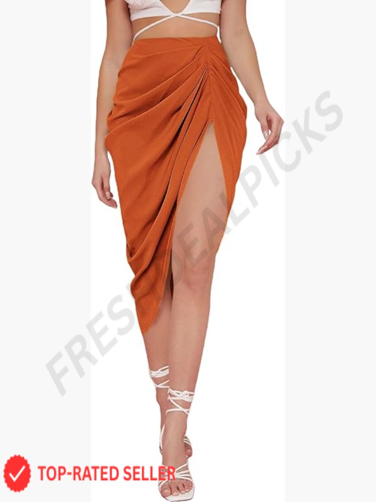 Satin Midi Skirt High Waist Ruched Bodycon Split Thigh Wrap Design Zip Back